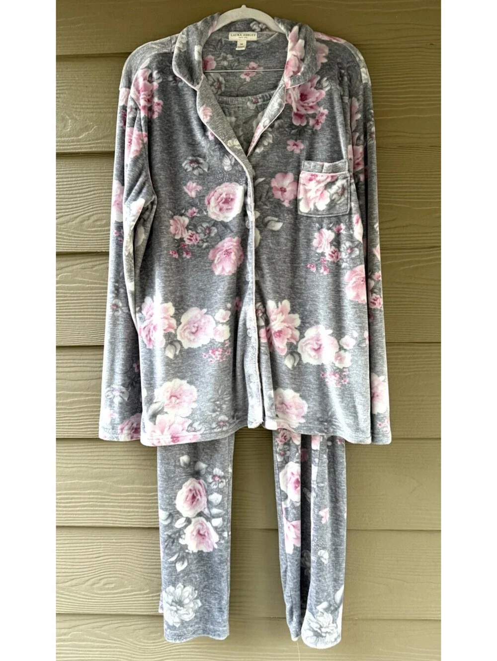 Laura Ashley Women's Gray Pink Floral Velvet Pajama Top & Pants Set 2pc
